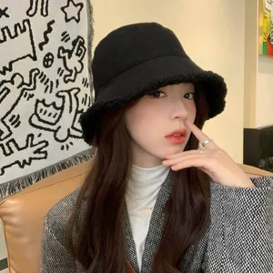 Winter black corduroy bucket hat for women, cozy lamb wool brim double-sided basin cap.