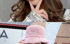 Détail chapeau bob laine agneau rose, bob pelucheux chaud hiver pour femmes, style streetwear.