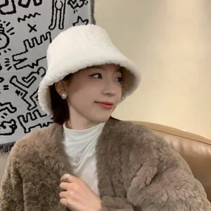 Women winter plush bucket hat casual lamb wool fisherman cap daily warm sun hat fashion