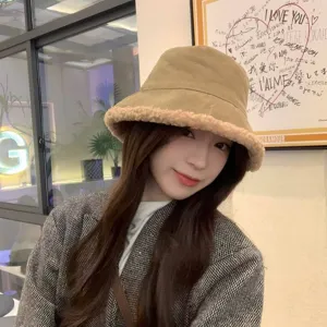 Winter corduroy bucket hat for women, plush lamb wool brim, stylish Japanese warm cap.