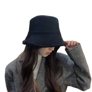Women winter corduroy bucket hat sherpa fleece reversible basin hat casual stylish black hat