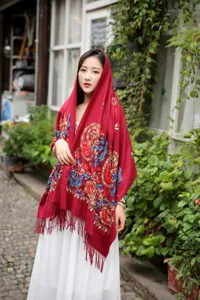 Detailed view of the autumn winter women embroidered paisley tassel wool blend scarf shawl.