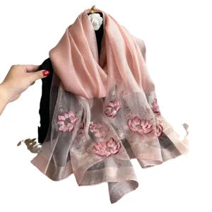 Pink silk wool blend lotus embroidered scarf, elegant floral shawl for women drape display.
