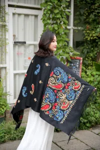 Autumn winter ethnic paisley embroidered cashmere shawl fringe women warm wool scarf