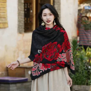 Detailed view of ethnic style floral jacquard tassel shawl, winter warm vintage scarf scene.