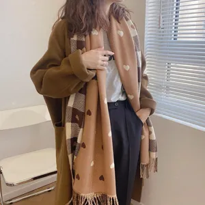 Cozy brown patterned winter scarf detail with soft texture, elegant heart and plaid style.