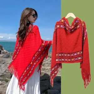 Vintage Ethnic Style Knitted Shawl Thickened Warm Tassel Cardigan Cape Women Winter Autumn Travel Outerwear