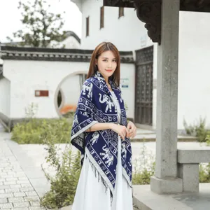 Ethnic style tassel scarf autumn winter warm elephant pattern shawl for women travel daily wear.