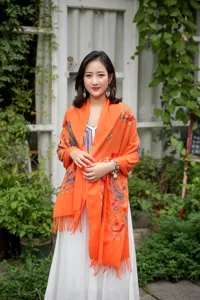 Autumn winter ethnic paisley embroidered cashmere feel scarf warm fringe shawl detail view