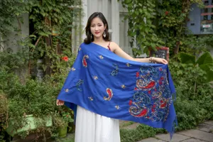 Women's blue ethnic paisley embroidered cashmere feel winter warm fringed shawl scarf detail.