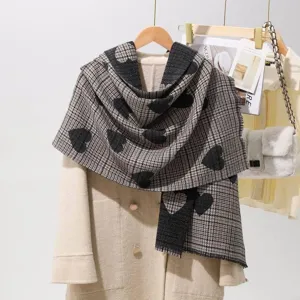 Autumn winter plaid heart imitation cashmere scarf thick warm long tassel shawl for women.