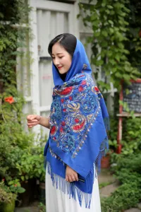 Autumn winter blue embroidered cashmere feel scarf ethnic paisley fringe shawl warm wool scarf