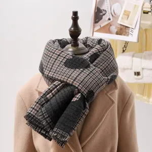 Autumn winter thick warm plaid heart faux cashmere scarf long tassel shawl for women.
