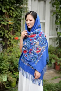 Blue paisley embroidered cashmere-feel scarf winter warm fringe tassel shawl for women