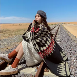 Ethnic hooded geometric poncho shawl for women, stylish bohemian travel cape cloak.