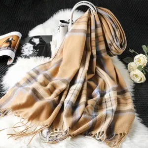 Winter Thickened Warm Plaid Scarf Women Fashion Imitation Cashmere Long Shawl Elegant Casual Tassel Neck Scarf