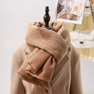 Winter warm brown plaid imitation cashmere scarf with cute heart pattern and tassel detail.