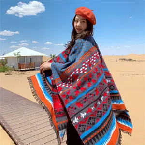 Ethnic bohemian hooded cape shawl geometric tassel winter warm travel fashion apparel