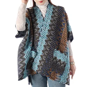 Ethnic knit poncho cape with fringe bohemian style shawl for women warm stylish