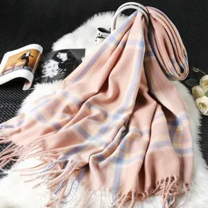 Thick warm plaid imitation cashmere scarf for women, cozy winter fashion tassel shawl and wrap.