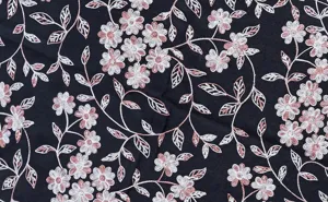 Close-up detail of exquisite floral vine embroidery on soft dark fabric, elegant and warm.