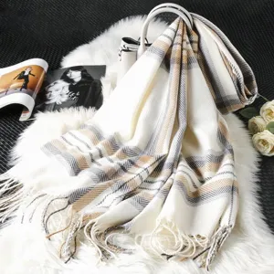 Cozy winter plaid imitation cashmere scarf for women, thick warm retro tassel shawl.