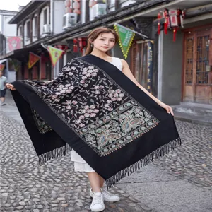 Women ethnic embroidered imitation cashmere scarf winter warm tassel fringe shawl wrap