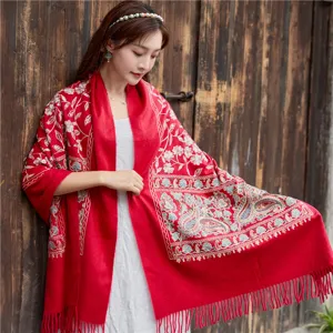 Red embroidered imitation cashmere shawl, ethnic style winter warm tassel scarf detail view.