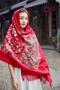 Women ethnic embroidered imitation cashmere scarf warm winter shawl with fringe design