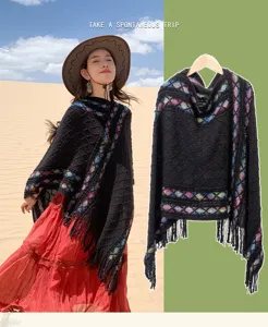Women vintage ethnic style knitted tassel shawl open front cape warm winter outerwear