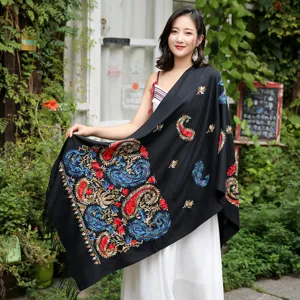 Black ethnic paisley embroidered cashmere feel shawl scarf with elegant warm fringe design.