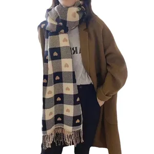 Autumn winter plaid cashmere feel scarf with cute hearts long fringe warm winter shawl fashion neck wrap