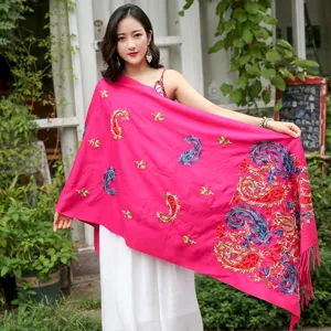 Women ethnic style paisley embroidered cashmere feel shawl winter warm tassel scarf pink