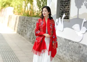 Exquisite embroidered cashmere scarf detail, ethnic style winter warm shawl and wrap for women.