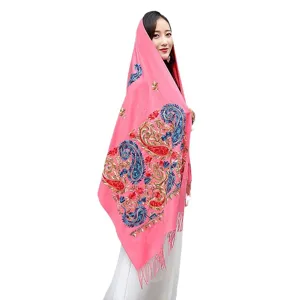 Women Autumn Winter Warm Embroidered Cashmere Feel Scarf Ethnic Paisley Print Fringe Shawl