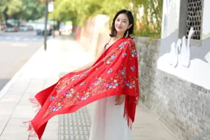 Ethnic style embroidered cashmere scarf detail, colorful floral pattern and delicate tassel edge.