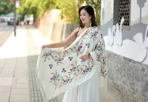 Women winter embroidered cashmere shawl ethnic floral fringe warm cozy fashion scarf