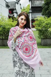 Pink embroidered cashmere feel winter scarf with vibrant mandala floral tassels design.