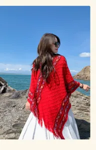 Ethnic knitted fringe shawl winter warm thick red cape bohemian retro outdoor travel coat