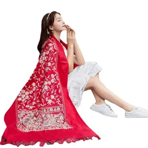 Women's red embroidered imitation cashmere scarf winter warm ethnic shawl with tassels.