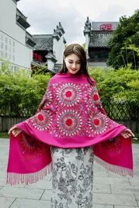 Women ethnic style embroidered tassel cashmere feel shawl autumn winter warm sunflower scarf