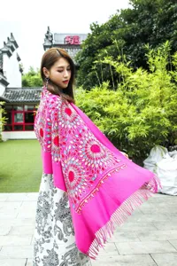 Women winter ethnic embroidered cashmere feel tassel shawl bright pink warm fashion scarf
