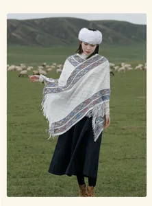 Detailed view of the retro ethnic style knitted poncho with tassel and warm geometric patterns.