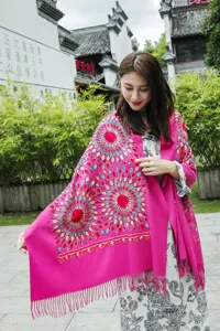 Winter sunflower embroidered cashmere feel scarf shawl with tassels for women ethnic style.