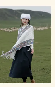 Detailed view of vintage ethnic style knitted shawl with long tassels and cozy warm design.