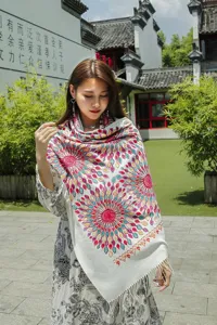 Detailed view of the women ethnic style embroidered cashmere-feel winter warm shawl scarf.
