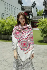 Detailed view of ethnic style embroidered cashmere-feel shawl with vibrant floral patterns.