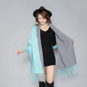 Womens autumn winter sleeved cape shawl fringe warm cashmere feel thick outerwear main view