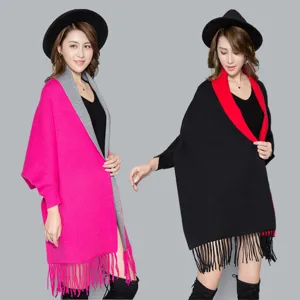 Women winter warm sleeved cape shawl fringe poncho solid color knitted outerwear top