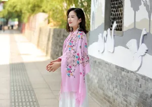 Pink embroidered cashmere scarf women winter warm ethnic style floral tassel shawl for travel